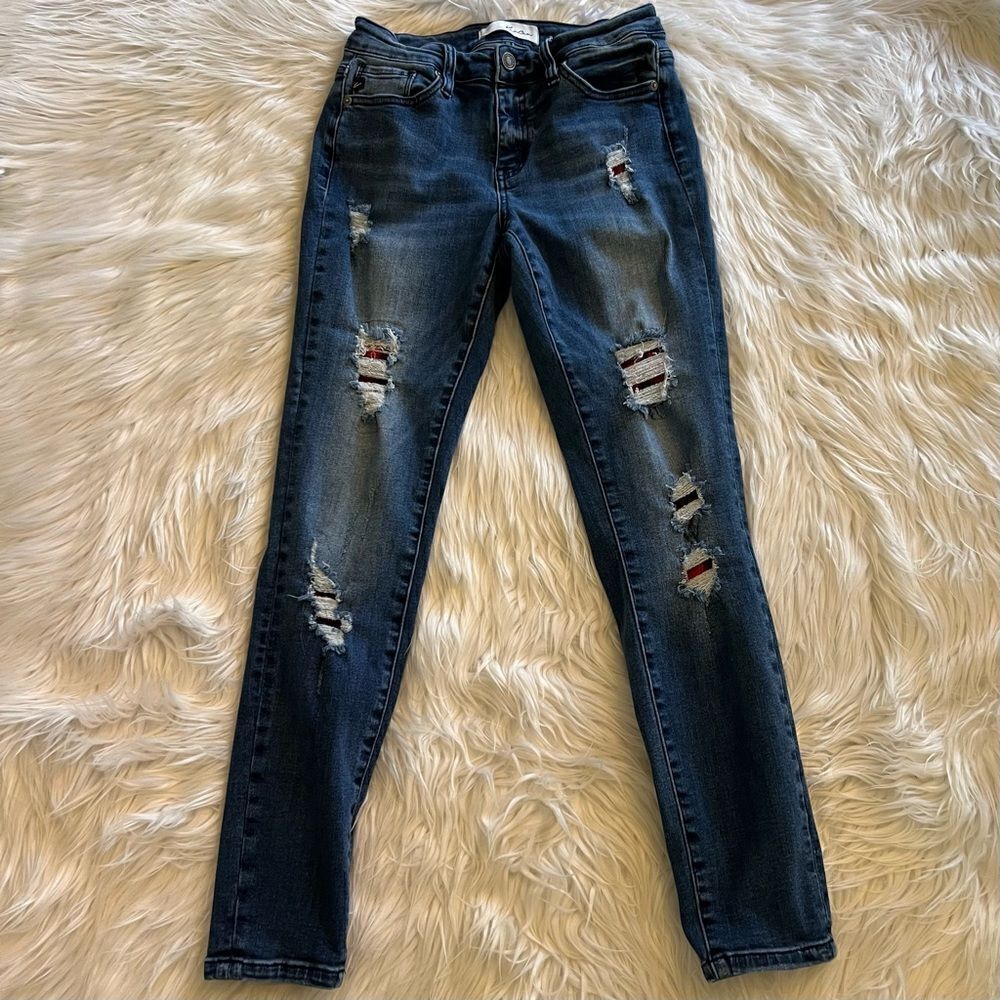 KanCan Jeans Skinny Medium Wash Distressed Stretch Womens Patched Size 7/27